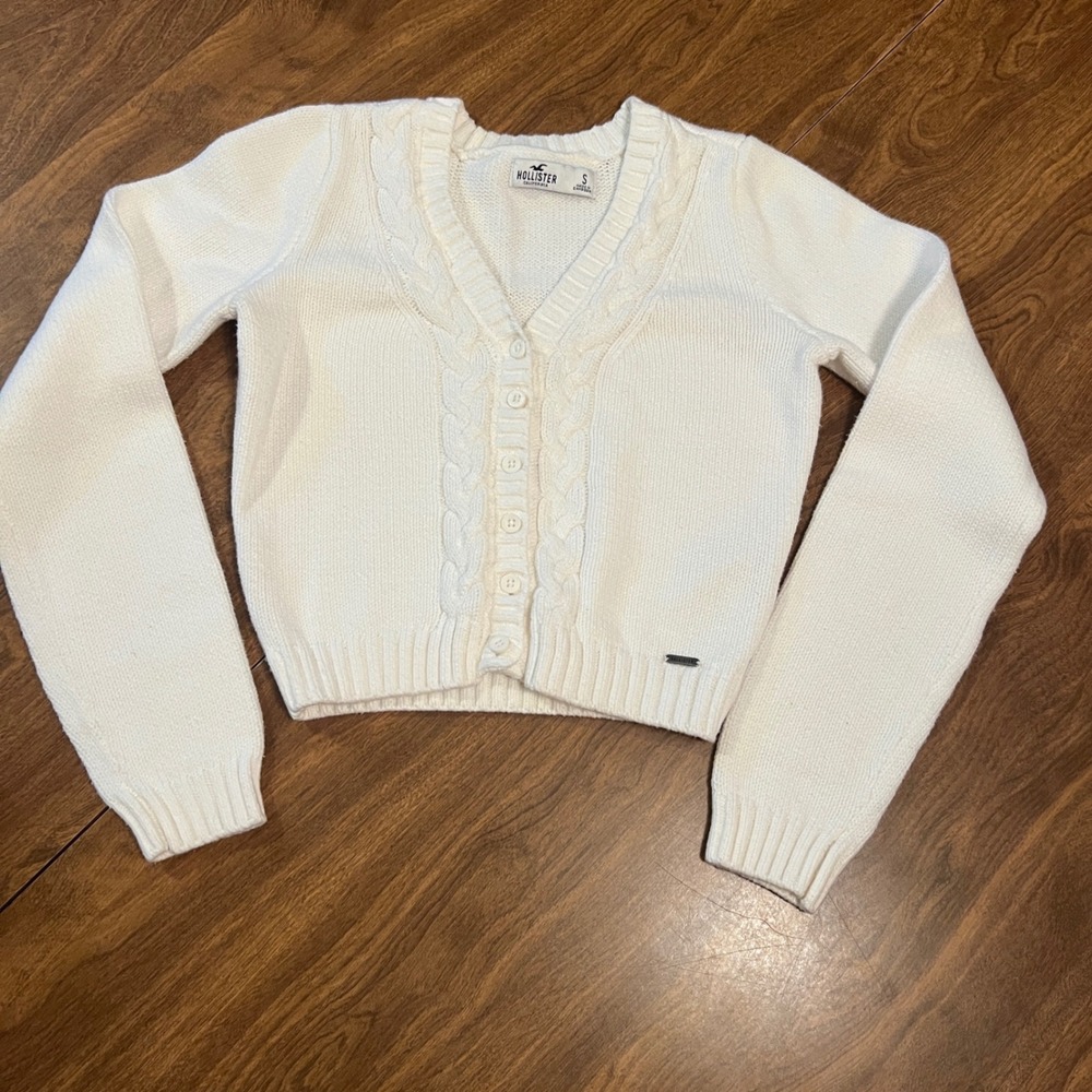 Hollister Womens Cable Knit Cropped Cardigan Sweater Small White V-Neck